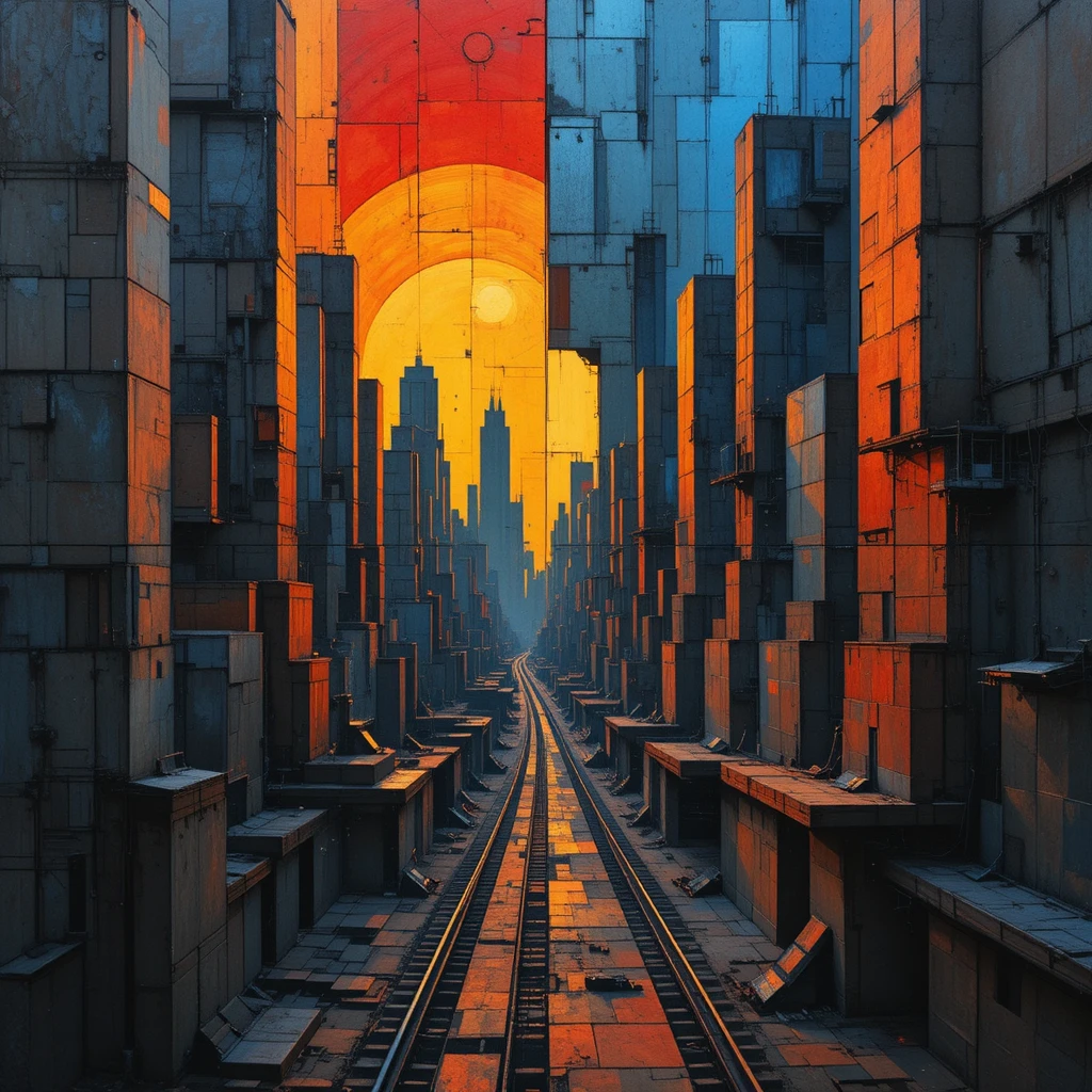 Fractured abstract cityscape with sharp geometric planes at dawn