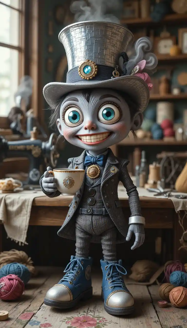 Cheerful steampunk thread character in a cozy workshop