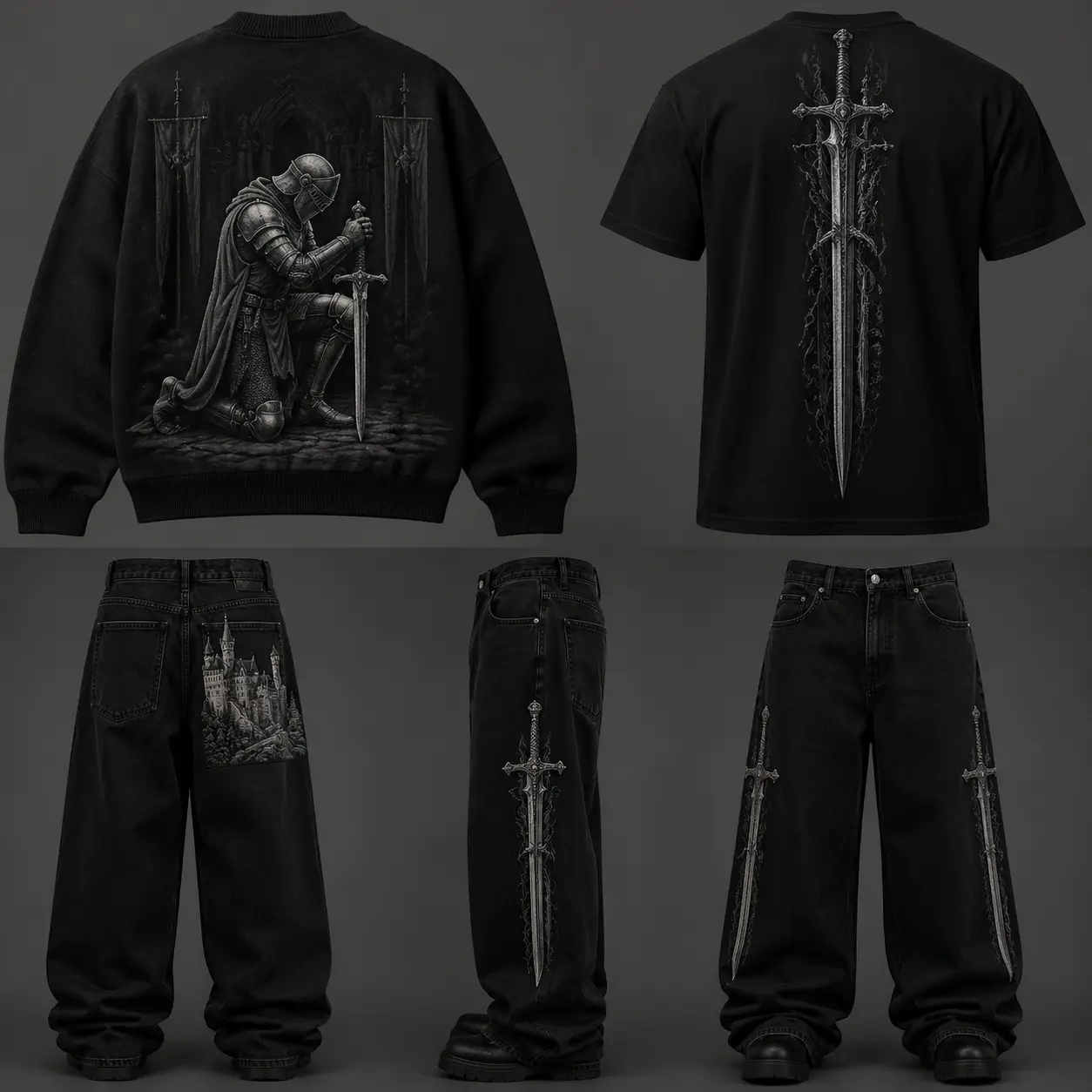 Sweater design with kneeling knight on the back