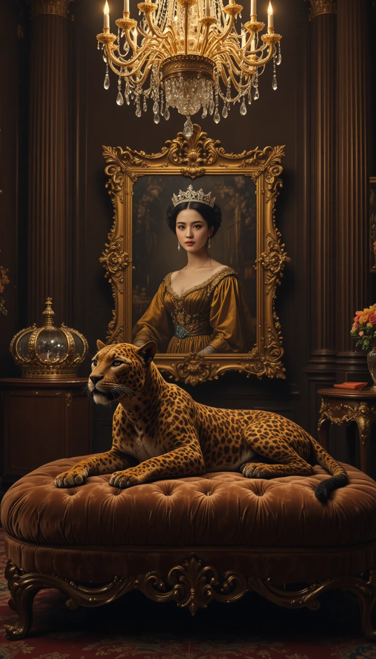 Golden panther resting on velvet cushion in ornate chamber