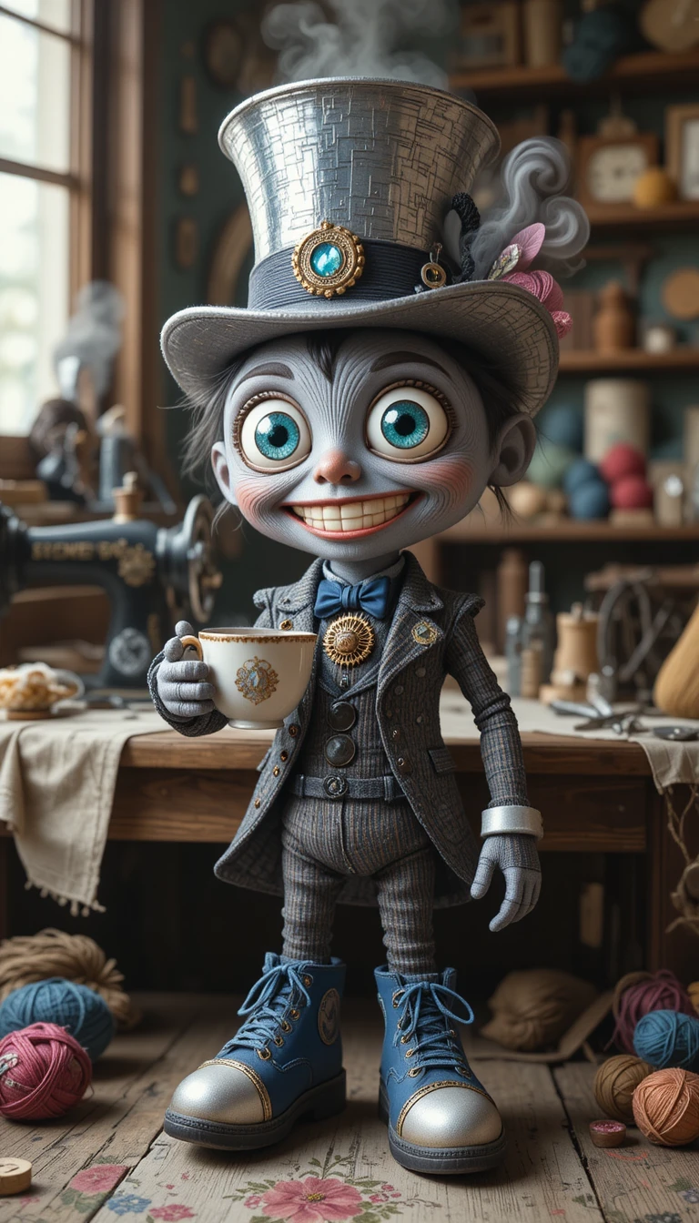 Cheerful steampunk thread character in a cozy workshop