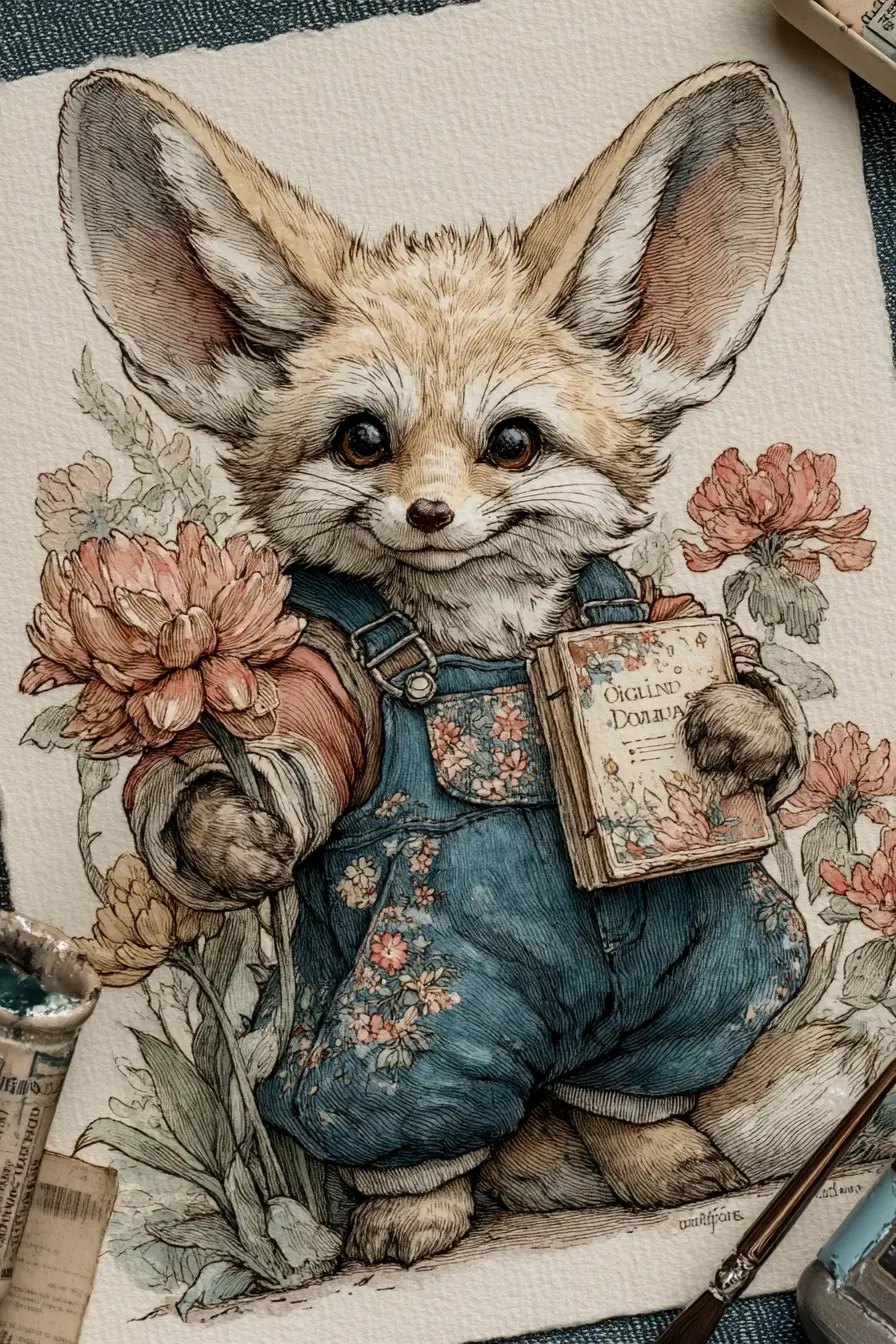 Playful fennec fox in overalls in a spring garden