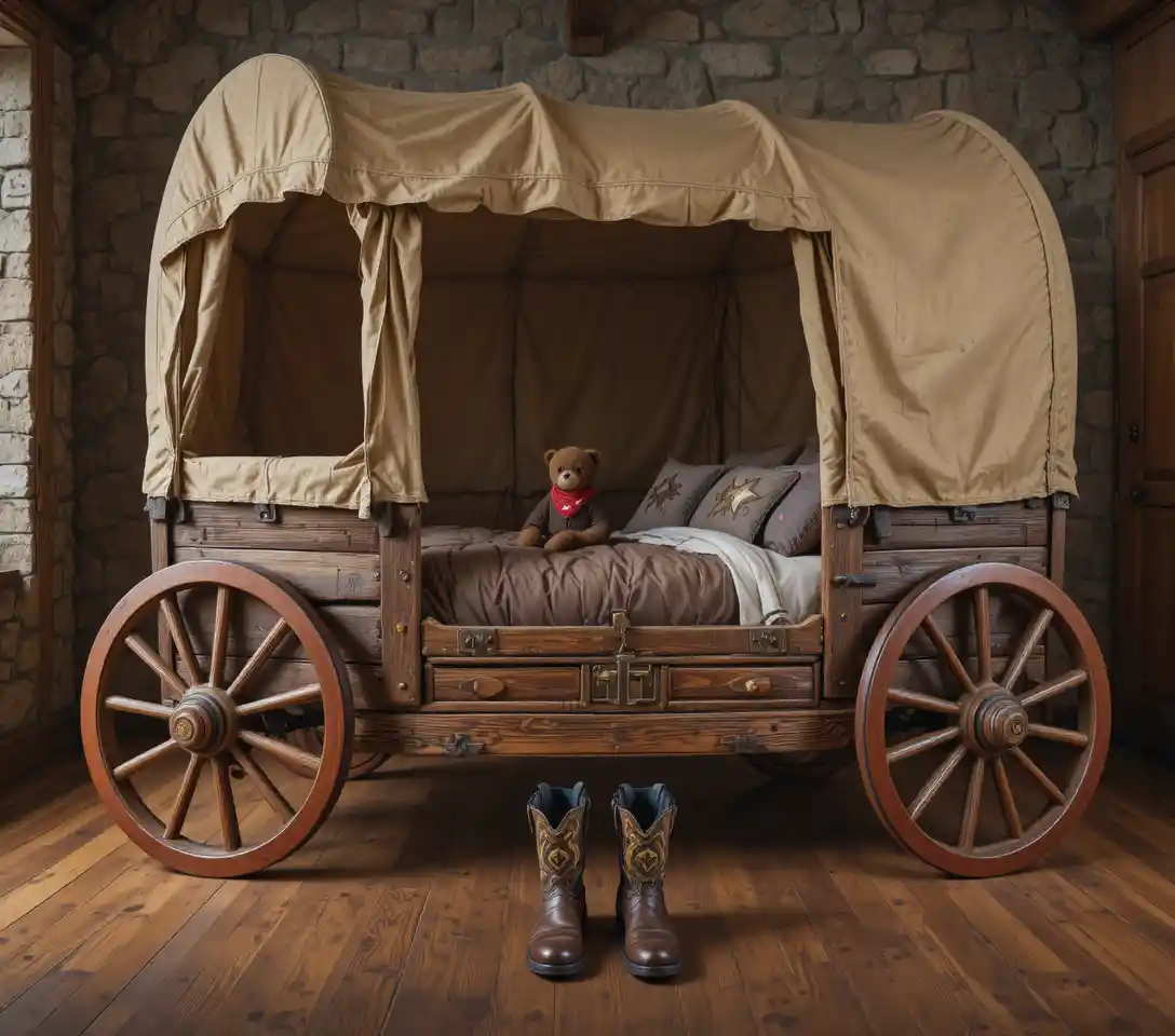 Cozy covered wagon bed with cowboy boots on wooden floor