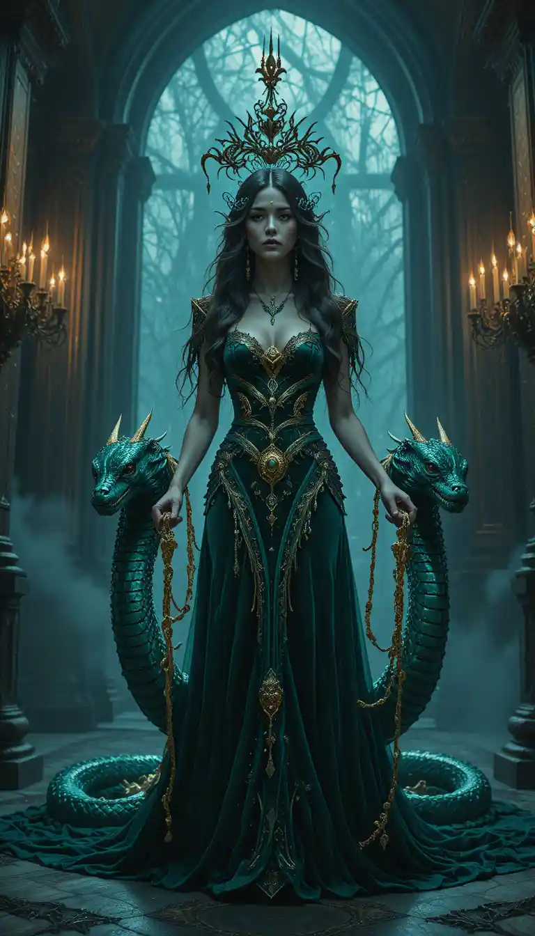 Dark siren in emerald gown with glowing serpents