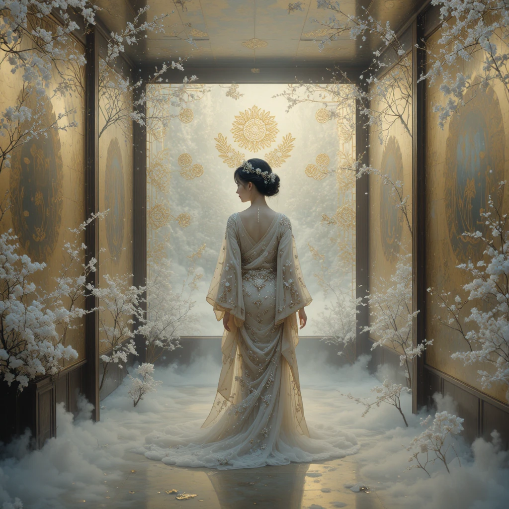 Chromatic light fracturing across serene Japanese shoji screens