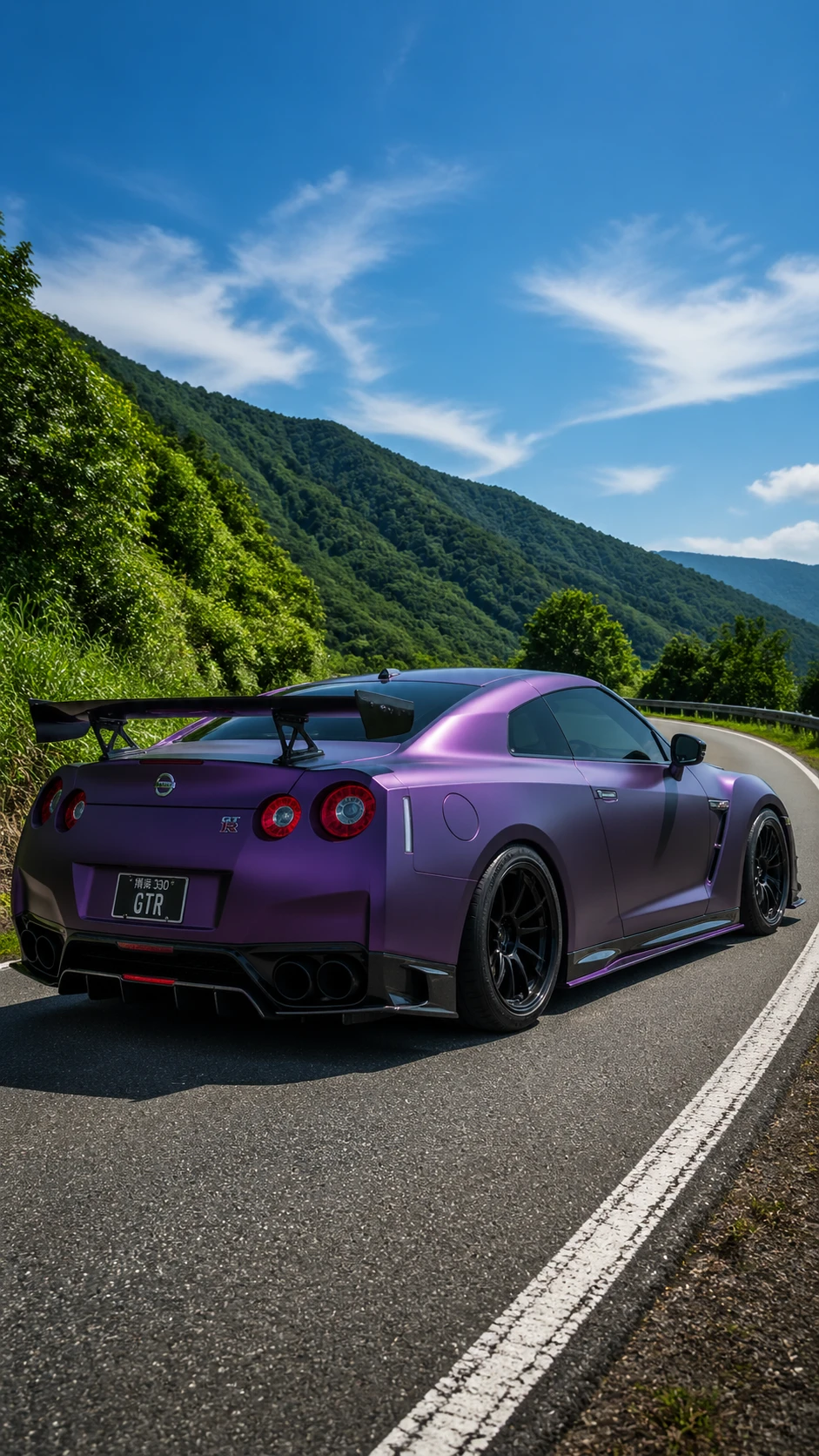 Metallic purple sports car on winding mountain road