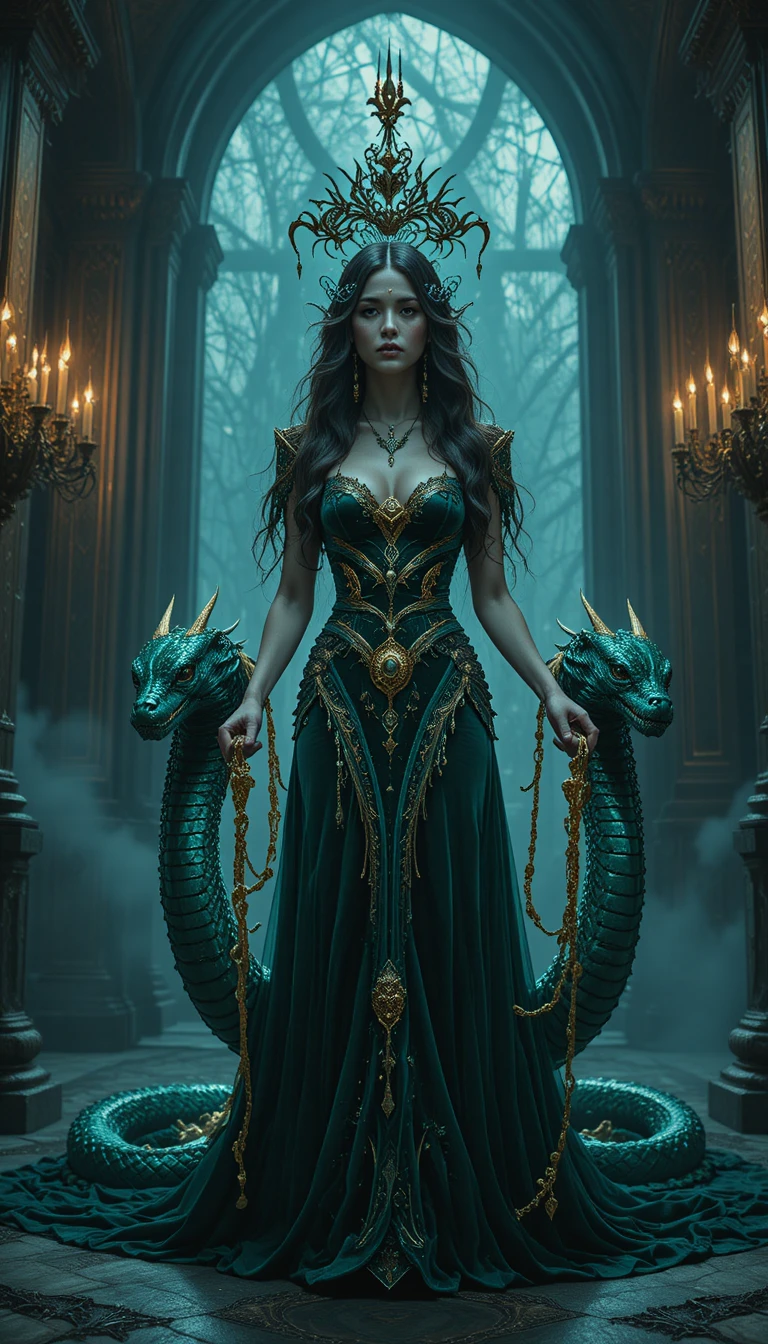 Dark siren in emerald gown with glowing serpents