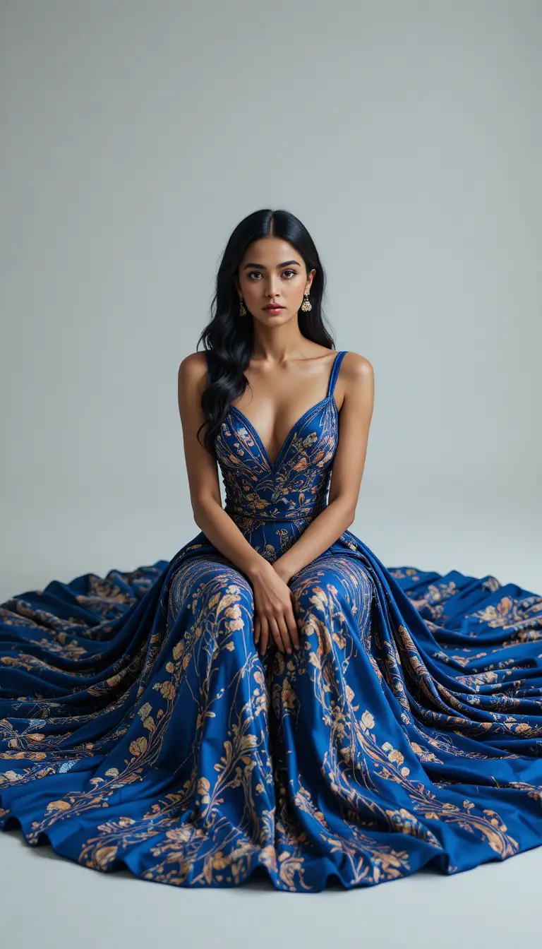 Elegant Indian woman in designer gown seen from above