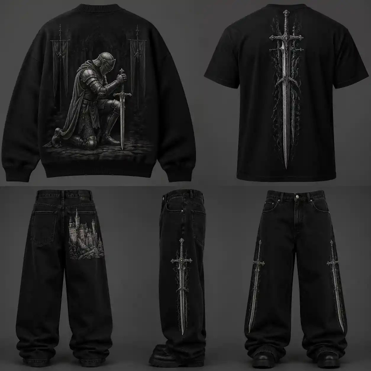 Sweater design with kneeling knight on the back
