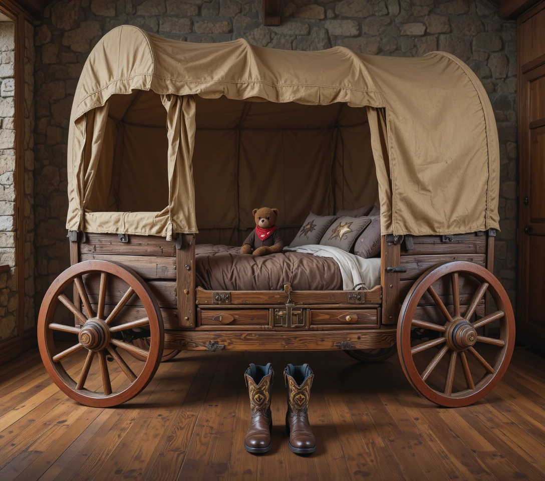 Cozy covered wagon bed with cowboy boots on wooden floor