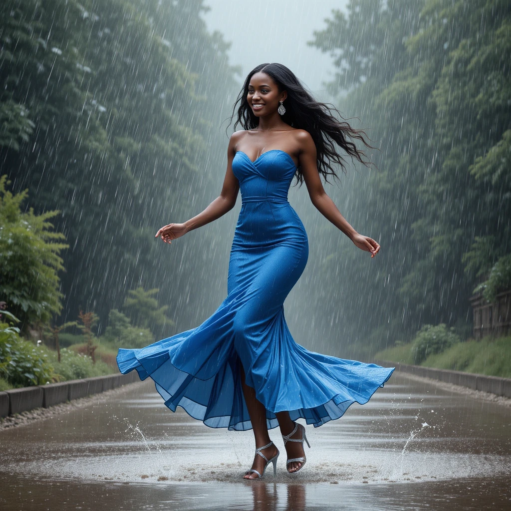 Jeune femme africaine joyeuse dansant librement sous la pluie