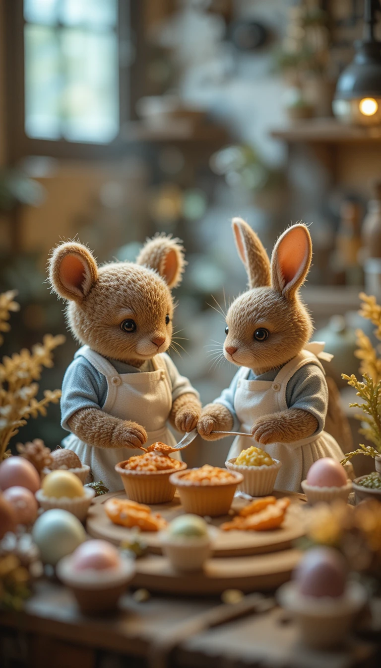 Tiny teddy bear and rabbit baking in a cozy micro kitchen