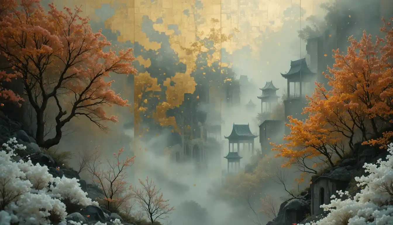 Abstract gold and mist across fractured shoji screens