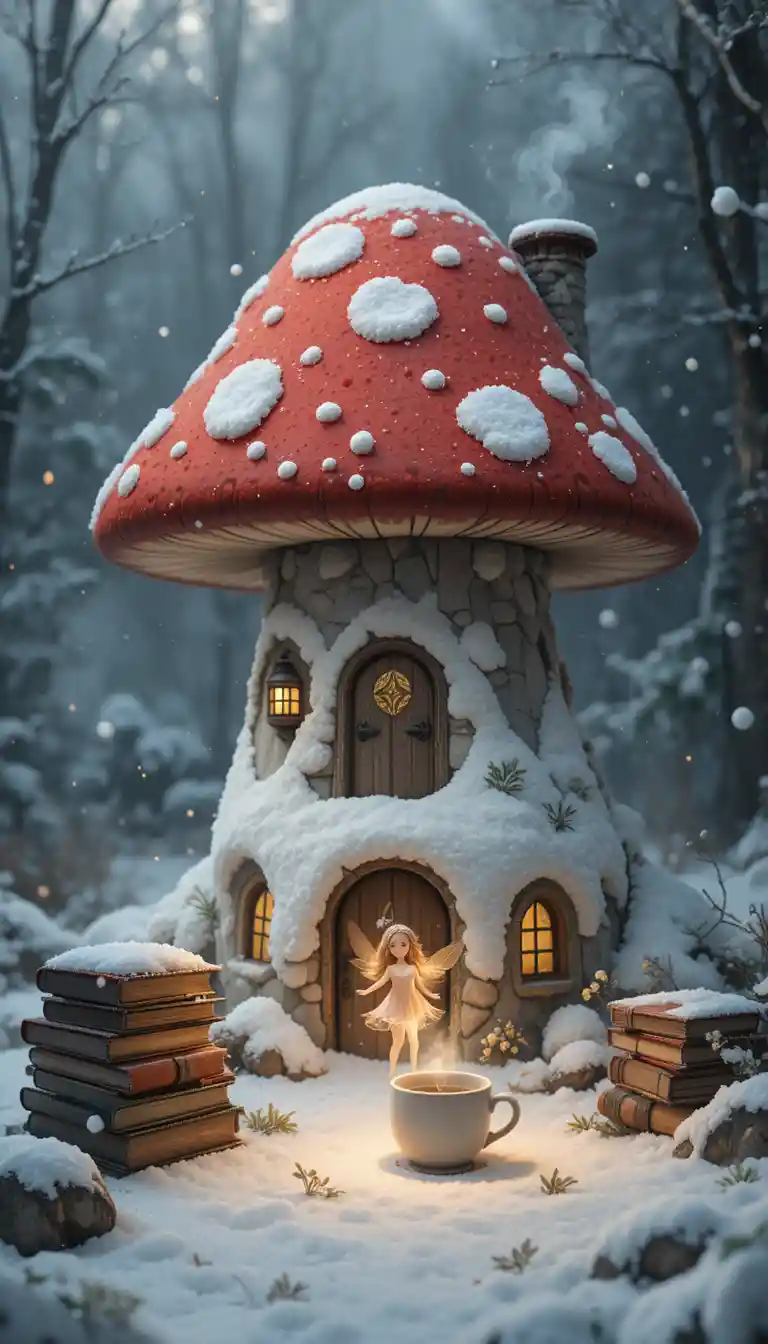 Cozy Mushroom House Glowing In A Quiet Winter Forest