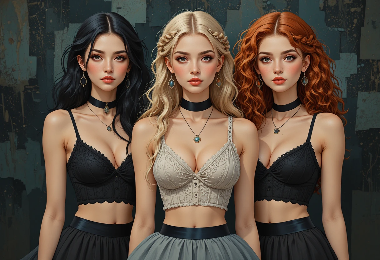 黑暗奇幻場景中的抽象立體派年輕女子三人組