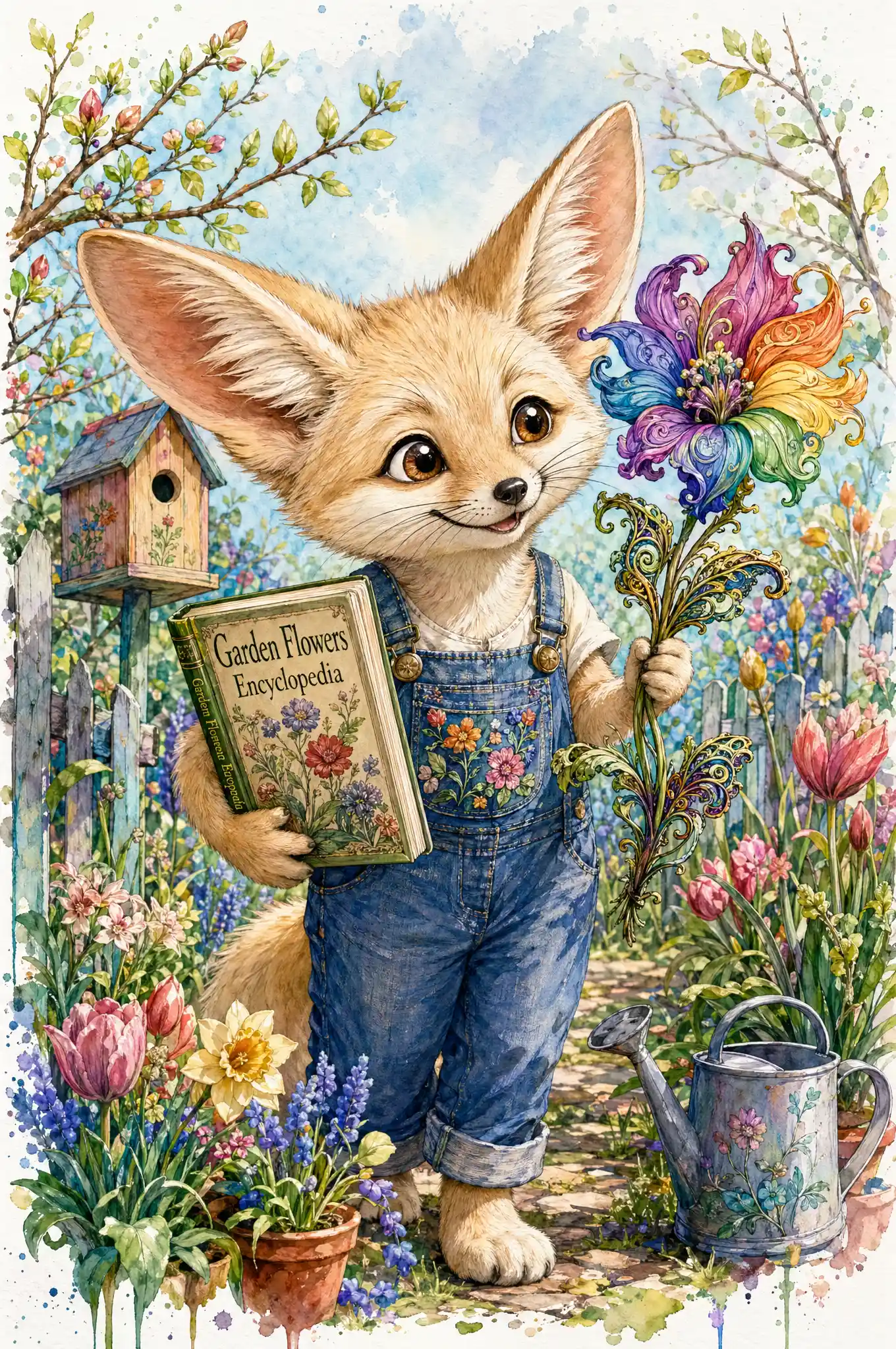 Curious fennec fox in overalls reading in a spring garden