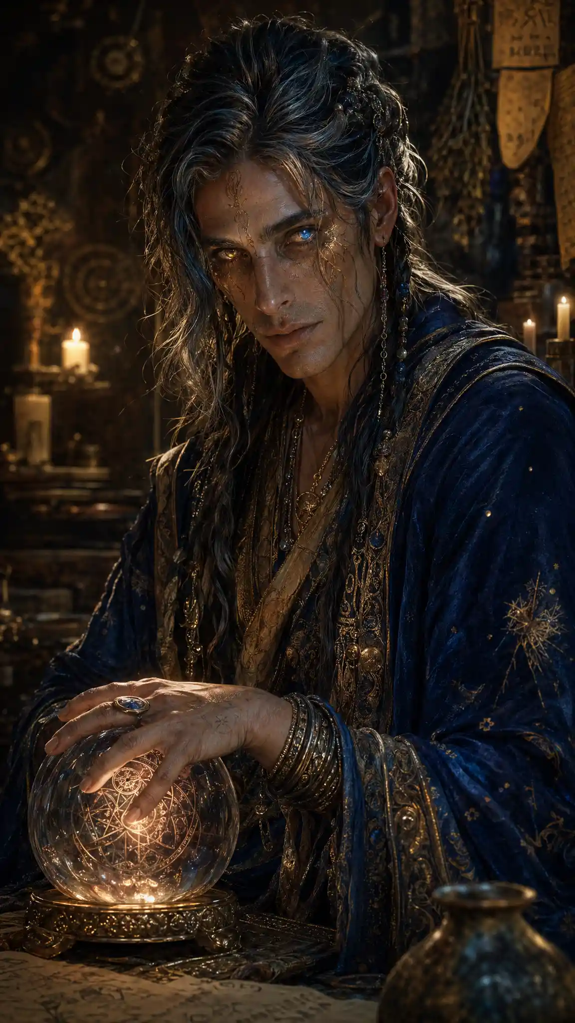 Androgynous seer with glowing eyes in a candlelit sanctum