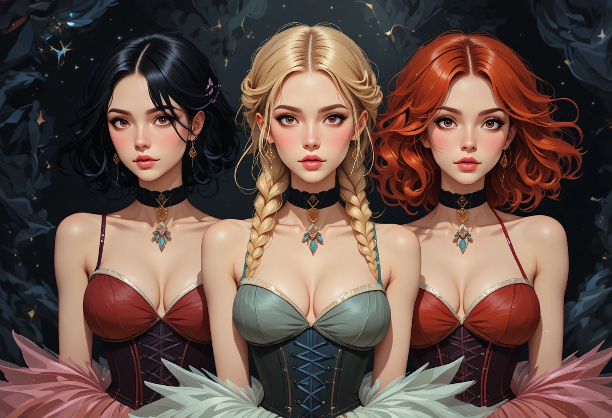 Three young women in abstract dark fantasy illustration