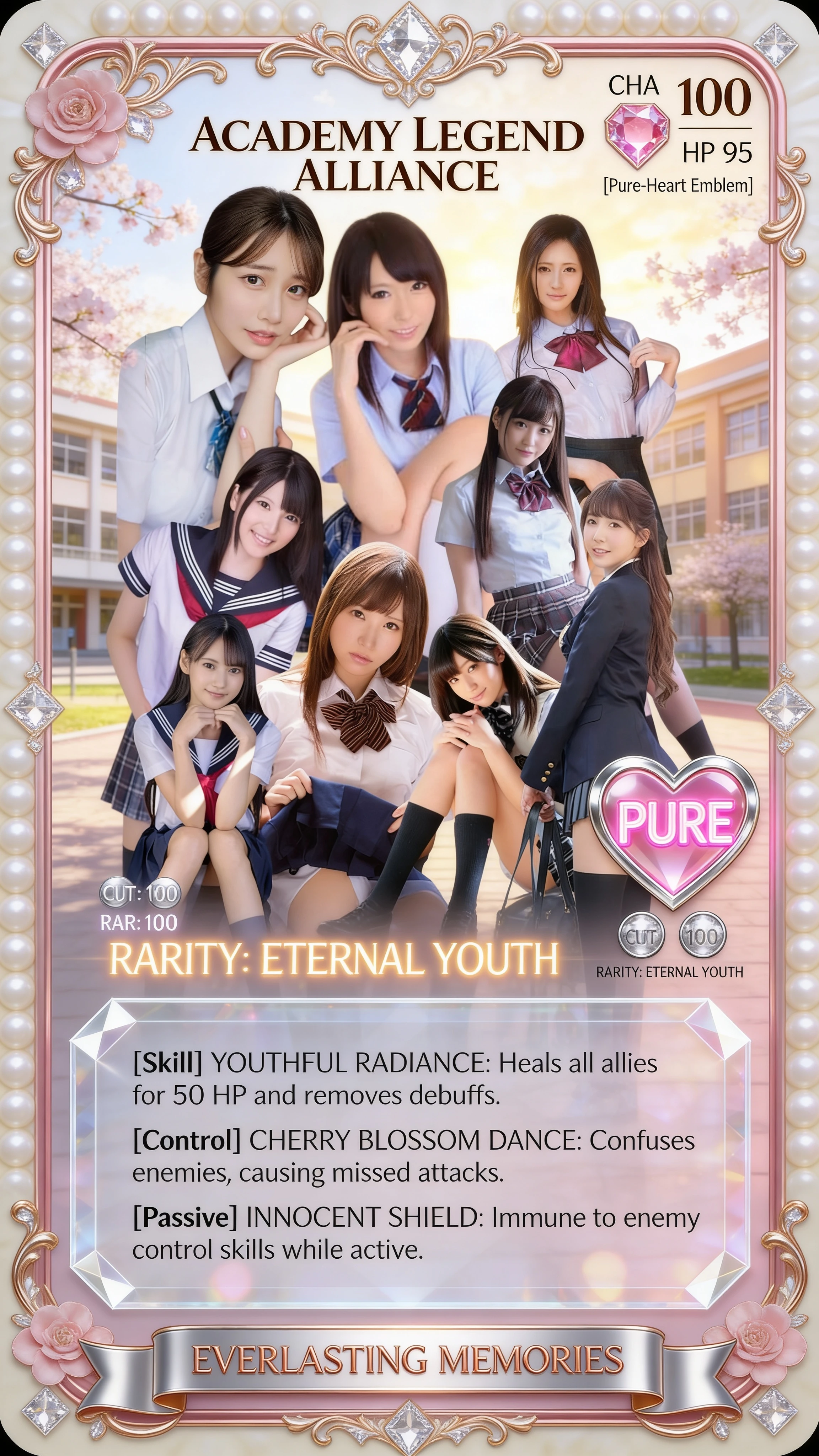 Nine idol girls in a luxurious academy trading card collage