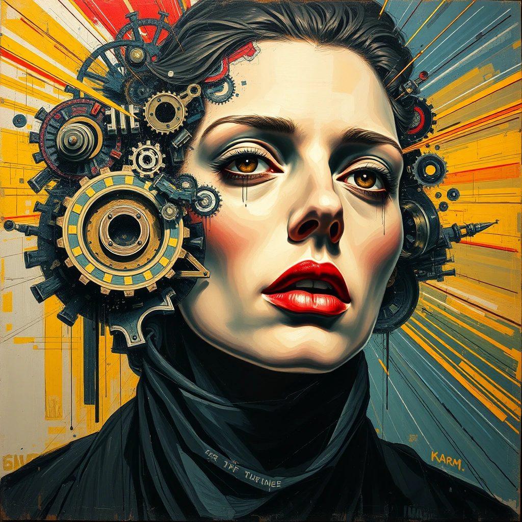 Fragmented futurist portrait merging face with dynamic motion