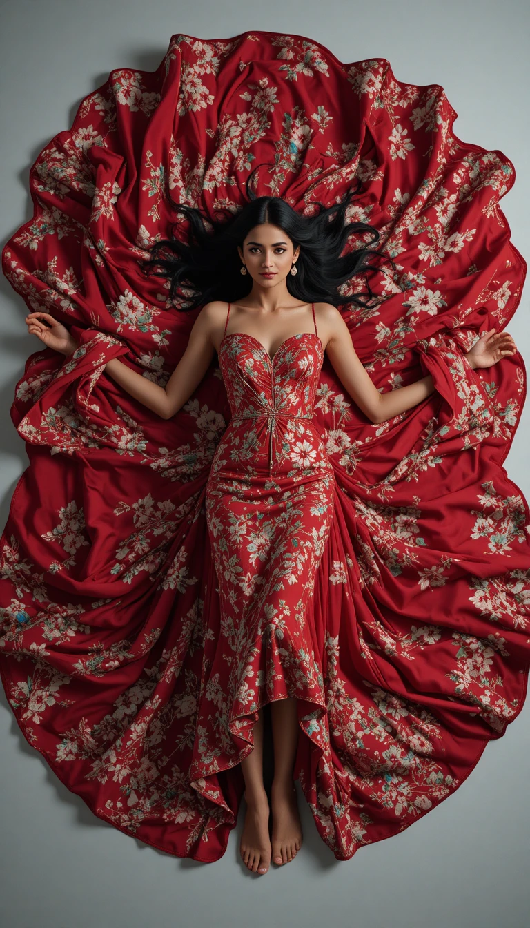 Elegant Indian woman in red gown seen from above