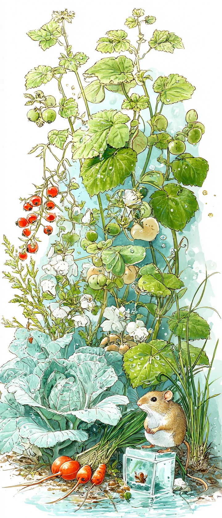 Topolino giocherellone in una scena di giardino di cottage ad acquerello
