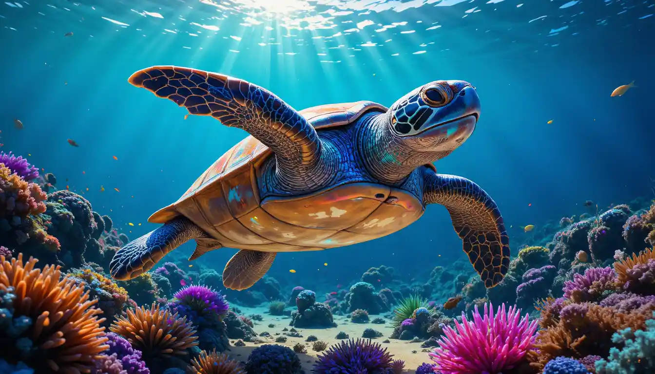 Sea turtle gliding through sunlit crystal blue ocean