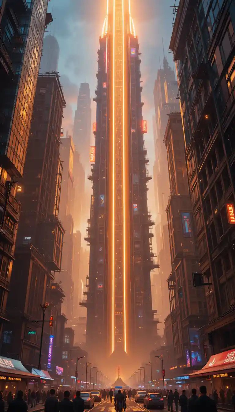 Futuristic CGI Cityscape With Neon Light Beams And Skyscrapers