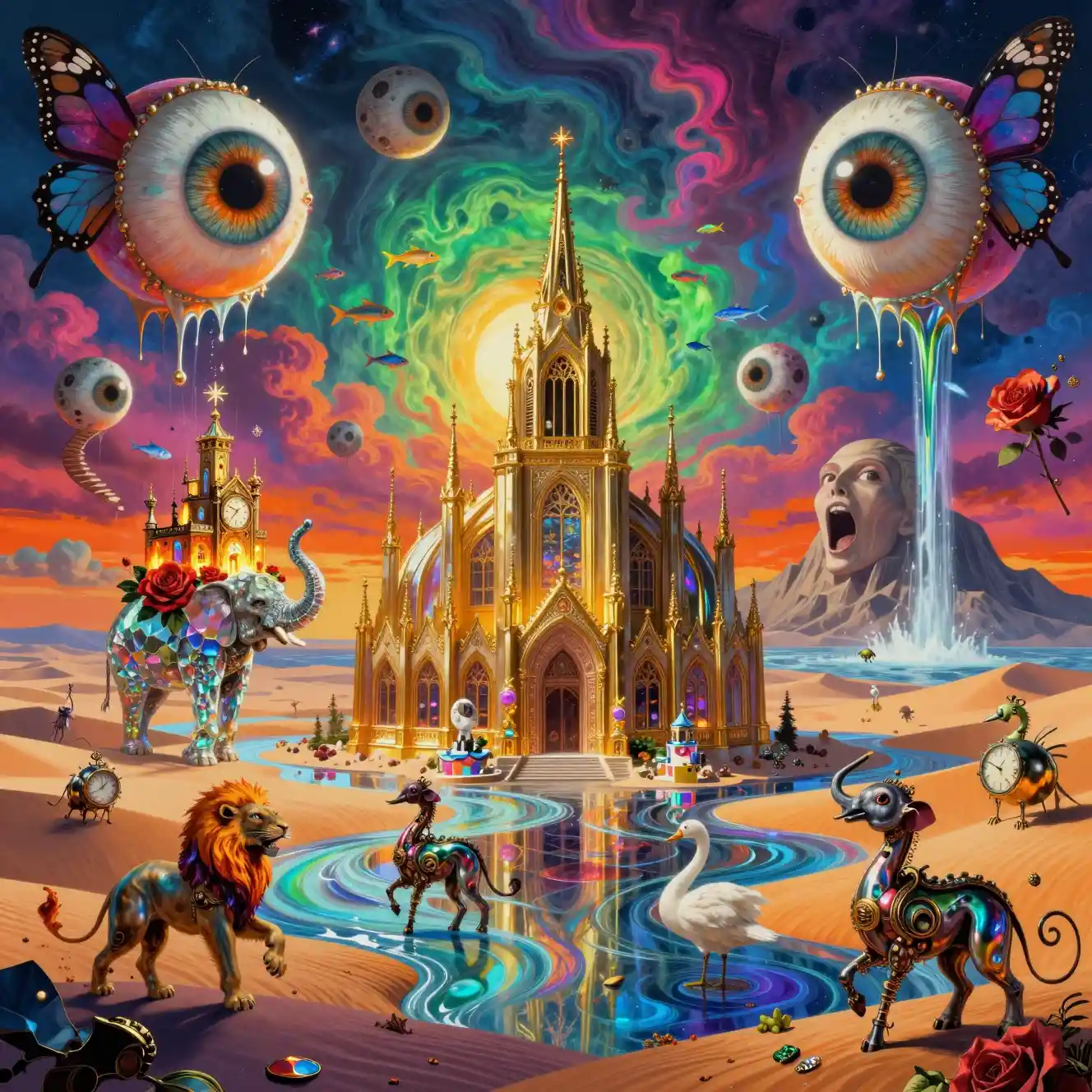 Melting crystal cathedral floating above rainbow glass desert