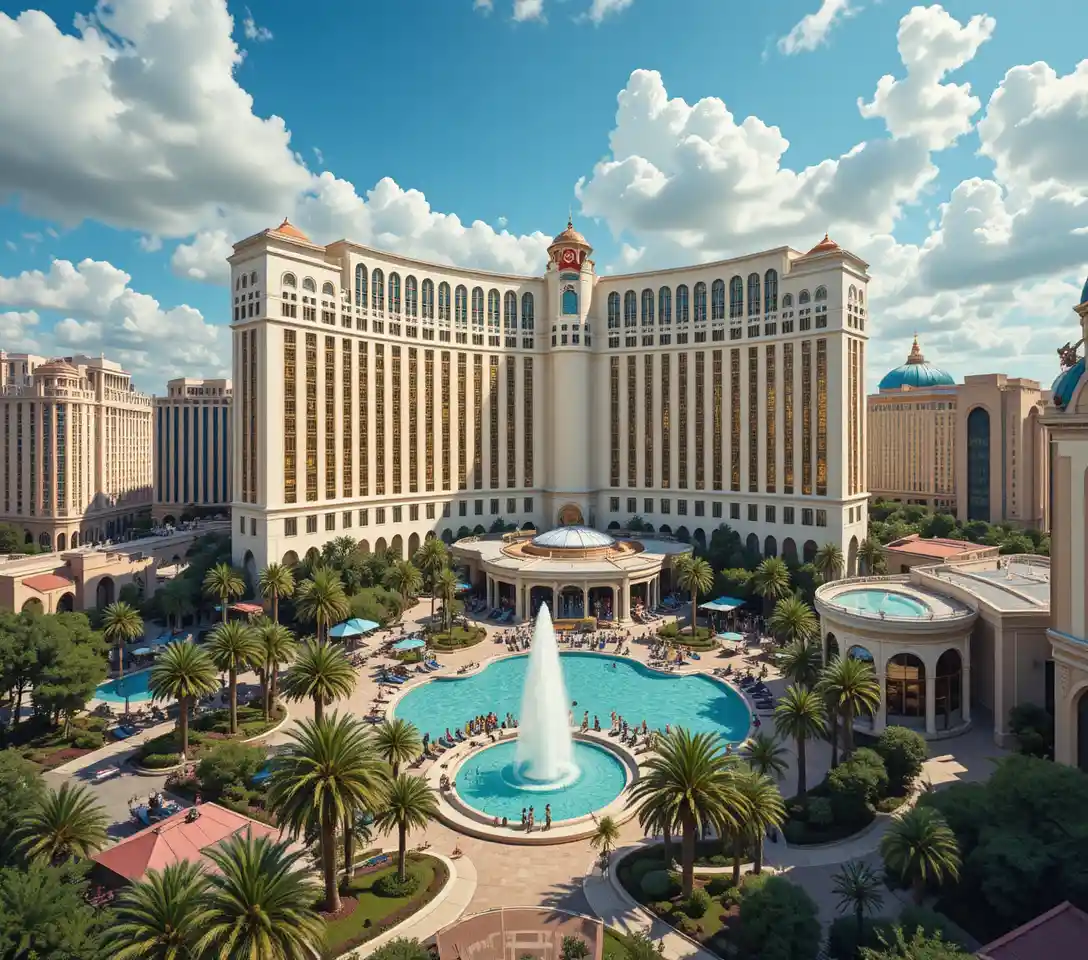 Aerial view of luxurious casino hotel resort cityscape