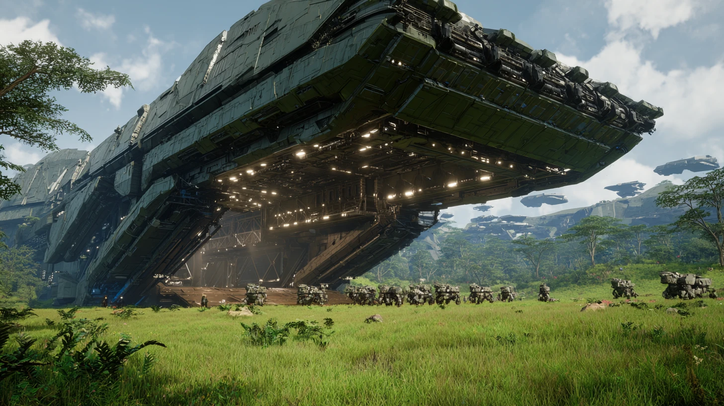 Massive sci fi landing ship deploying troops on alien world