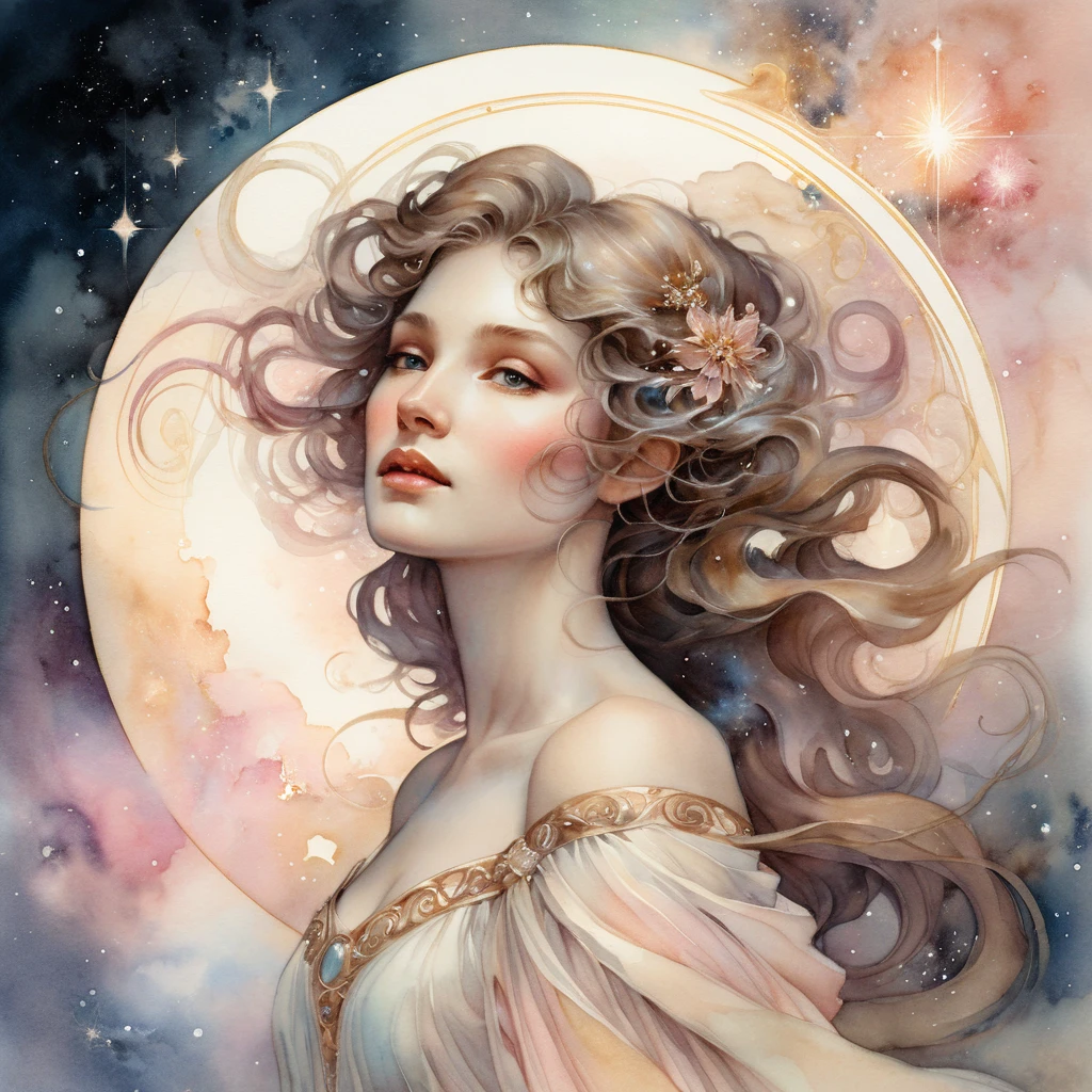 Ätherische Frau in leuchtender kosmischer Aquarell-Nebel-Szene