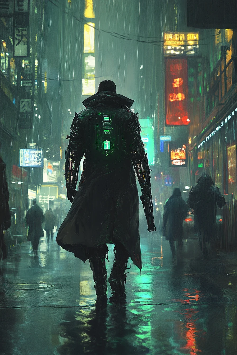 Cyborg detective walking down a rainy neon city street