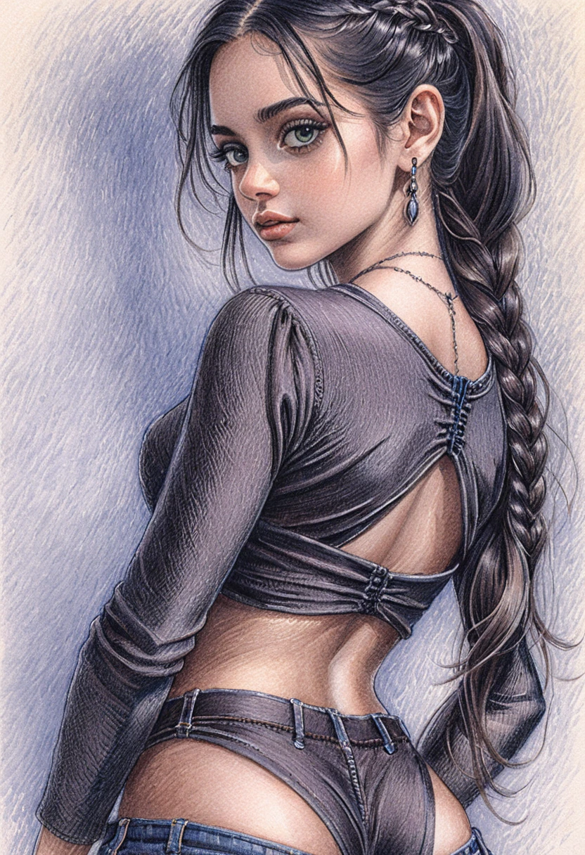 Stylish girl turning back with luminous grey green eyes