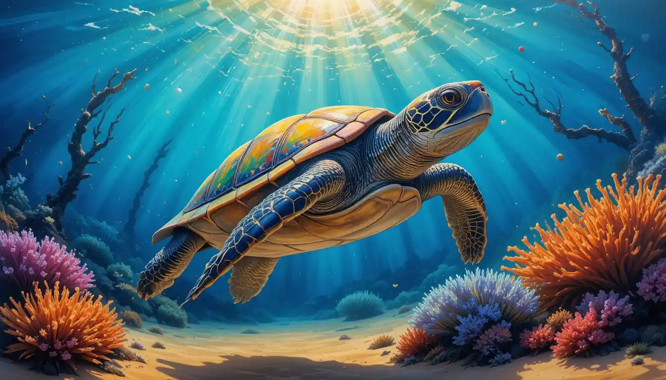 Sea turtle gliding through sunlit crystal blue ocean