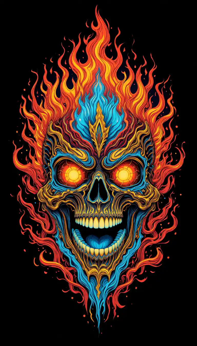 Colorful fiery skull with blazing eyes on black background