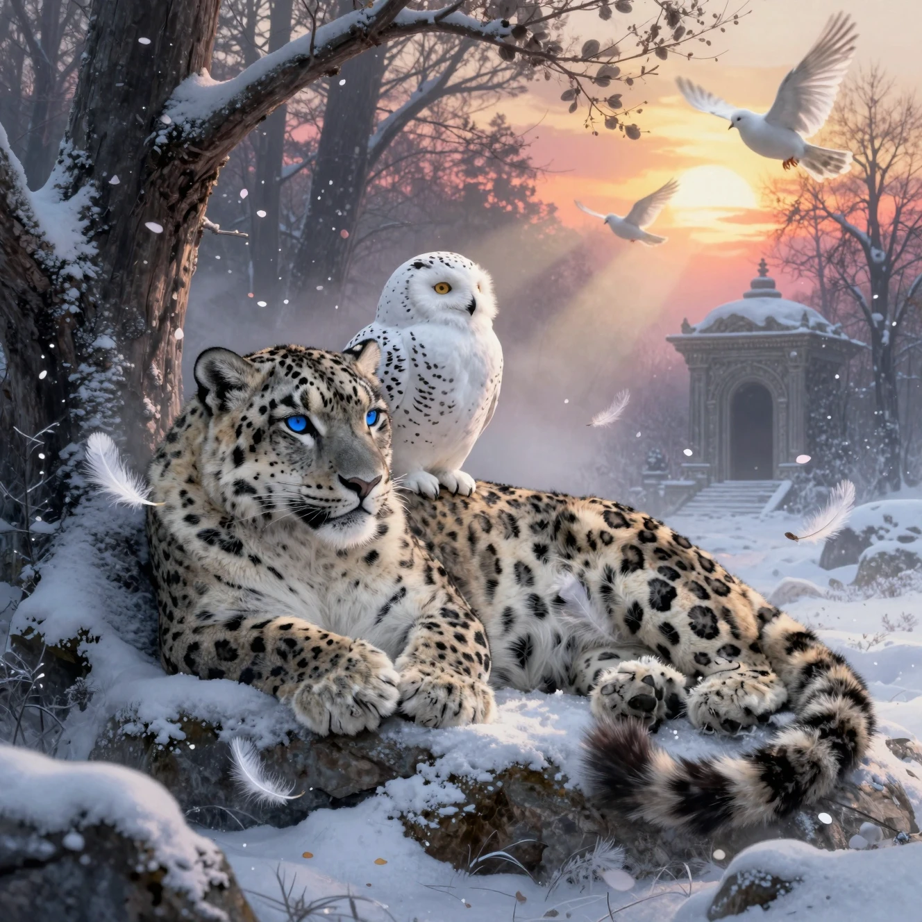 Snow leopard and owl camouflaged in a winter forest