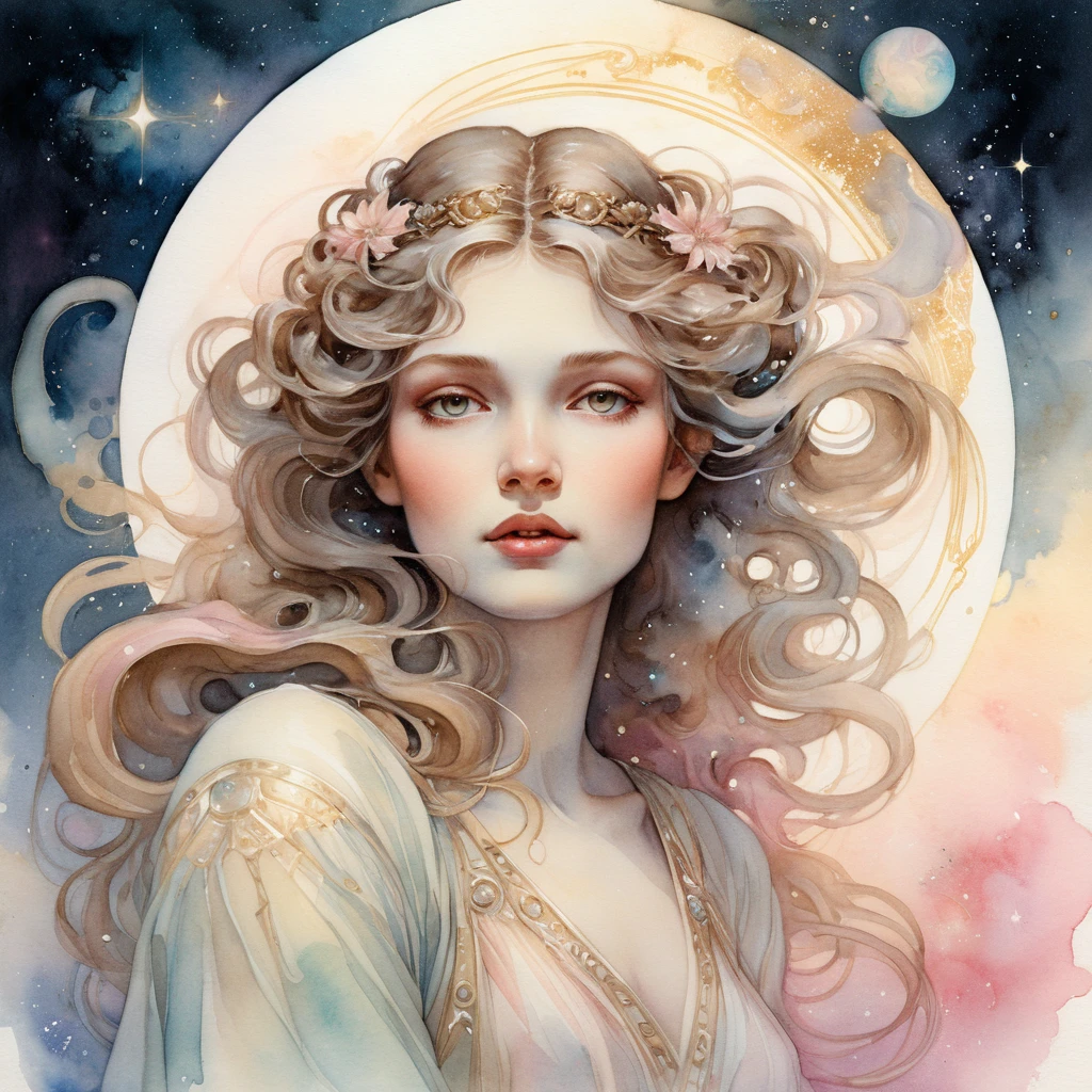 Ethereal woman glowing amid swirling cosmic dust and nebulae
