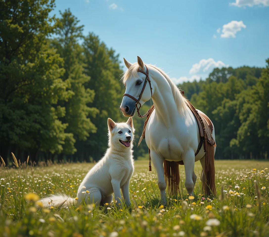 White horse and dog sharing a gentle moment in meadow