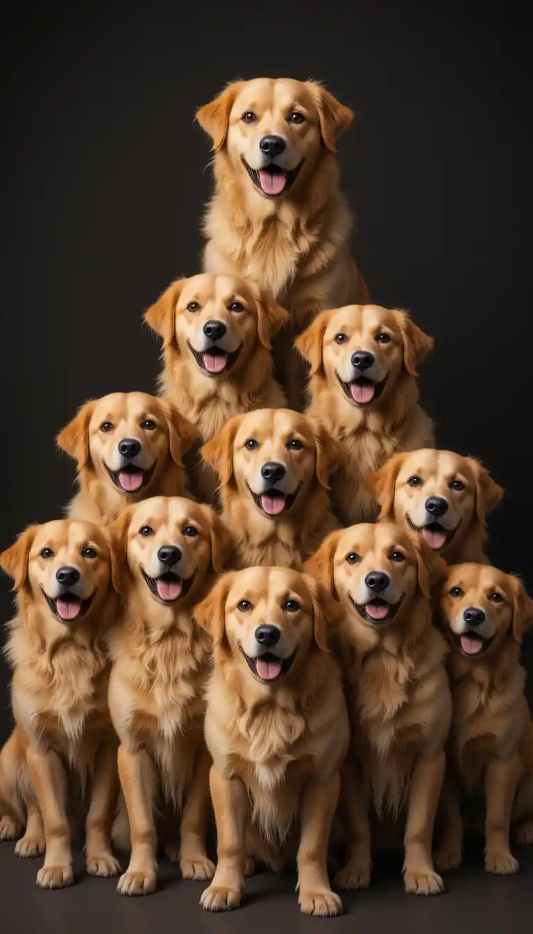 Nine golden dogs arranged in a playful pyramid formation