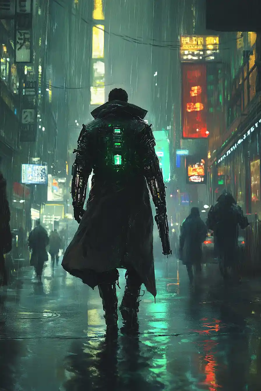Cyborg detective walking down a rainy neon city street