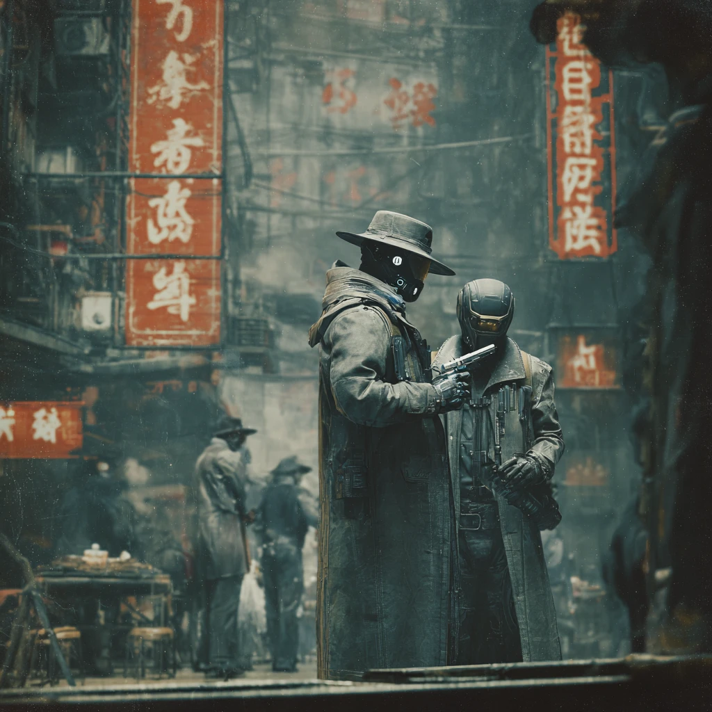Asian gang members in a futuristic cyberpunk city street