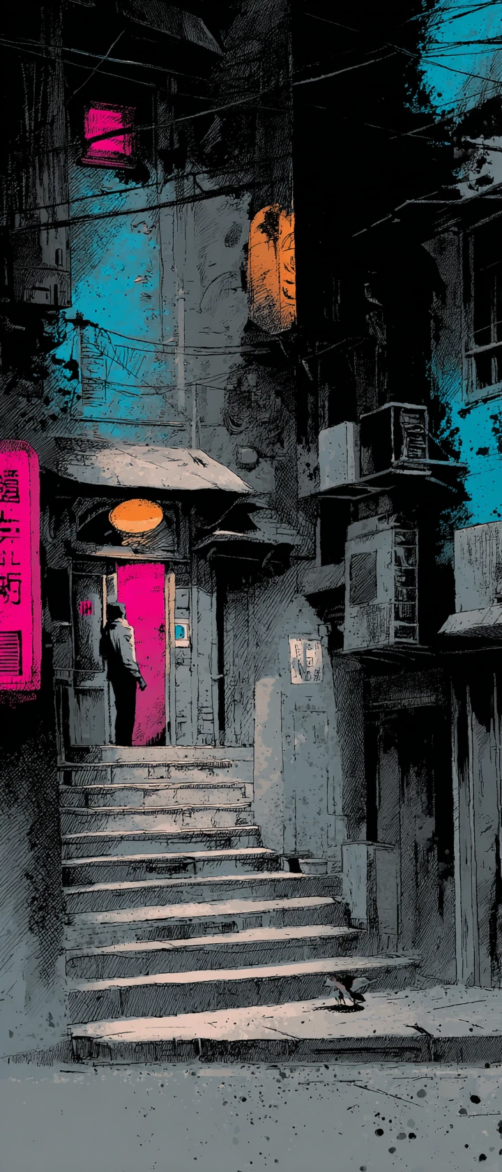 Ilustración infantil cyberpunk neo noir con tinta neón