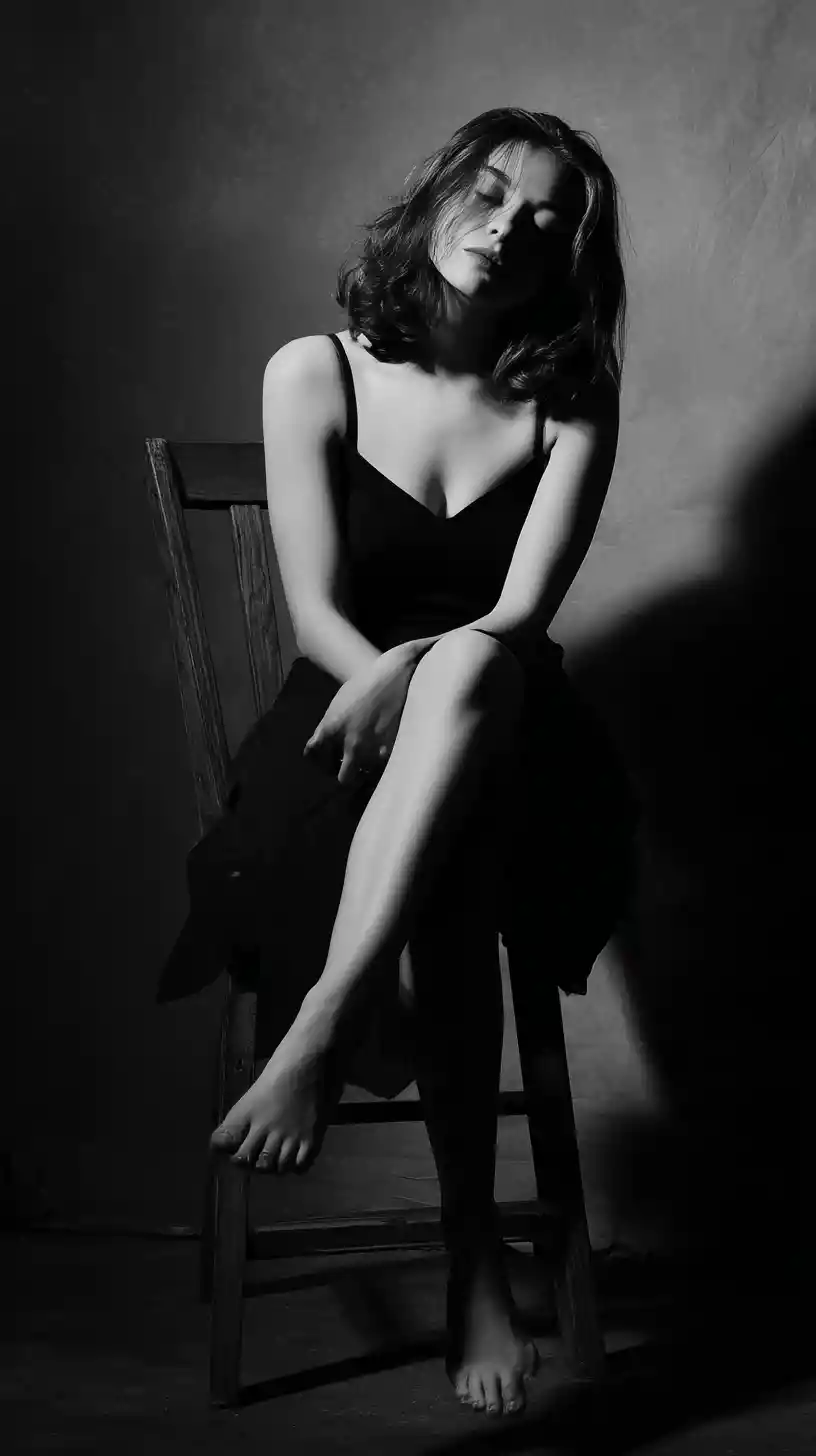 Ritratto fine art in bianco e nero di donna su una sedia