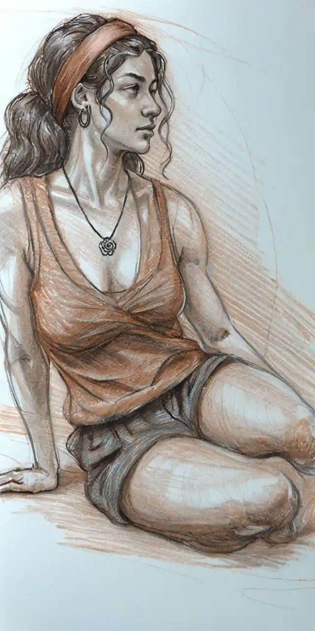Figure drawing of a young woman seated in a relaxed pose