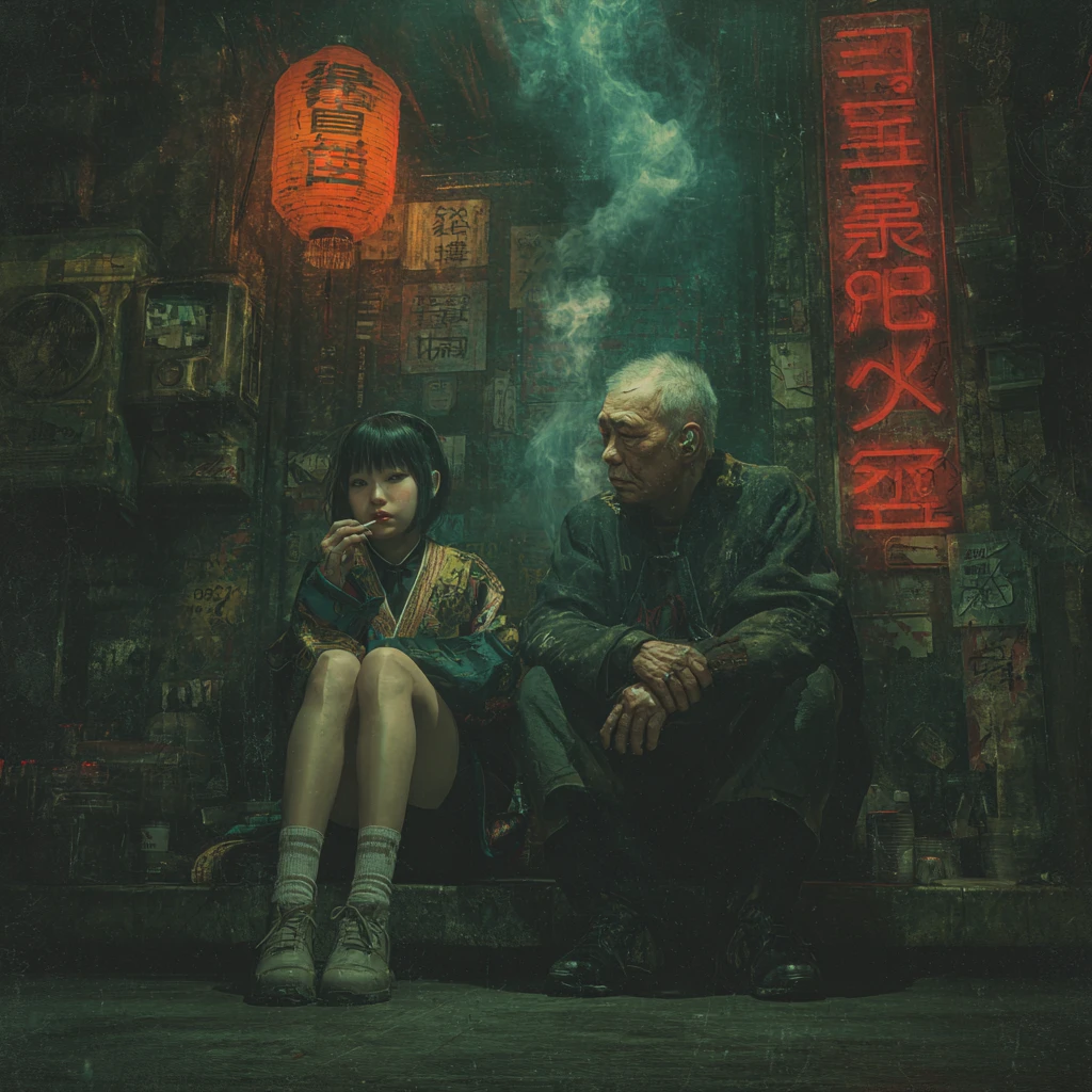 Chica asiática y abuelo en ciudad china futurista de ciborgs