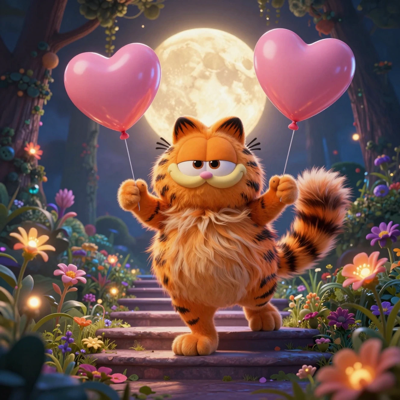 Chubby fantasy cat descending a moonlit garden staircase