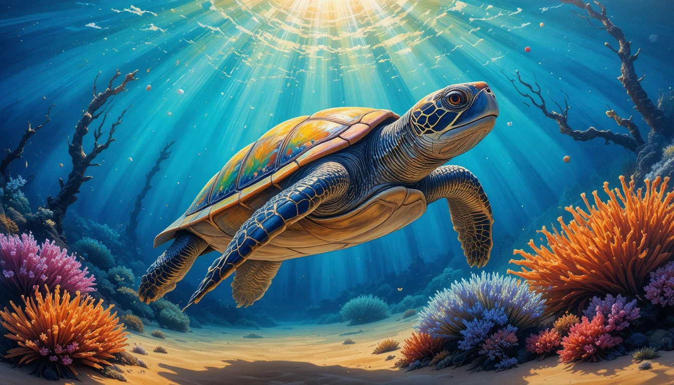 Sea turtle gliding through sunlit crystal blue ocean