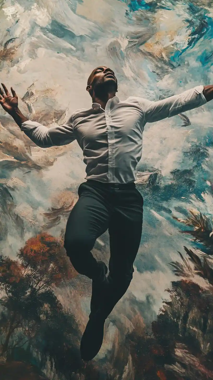 Bald Black Man Leaping From Surreal Life Sized Wall Mural