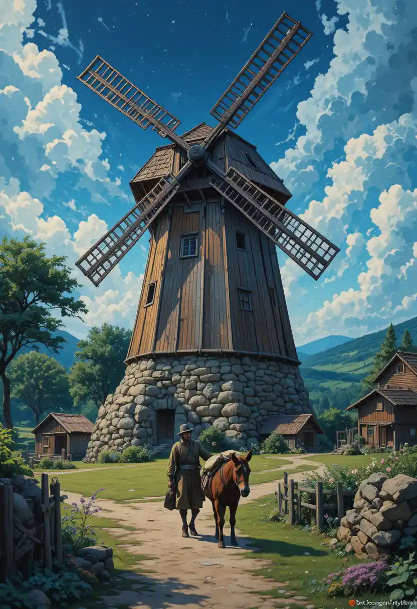 Anime windmill scene in a peaceful rural countryside